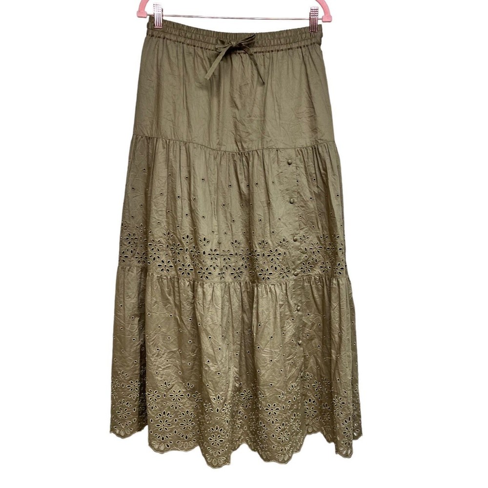 Coach Broderie Anglaise Long Skirt In Organic Cotton Dark Olive Womenโsโ Size 6